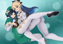 1boy 1girls absurdres anus bar_censor big_ass big_breasts big_butt black_hair blonde_hair blush body_writing braid capelet censored closed_mouth detached_sleeves erection feet_up female femboy genshin_impact gradient gradient_hair green_eyes green_hair hair_between_eyes heart heart-shaped_pupils highres jean_gunnhildr long_hair looking_at_viewer male multicolored_hair navel nipples_outside otoko_no_ko pantyhose pussy saechko sitting soles spread_legs sweat symbol-shaped_pupils testicles toes tongue tongue_out trap venti_(genshin_impact) white_capelet white_legwear wide_hips wide_thighs