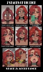 1girls 7_stages_of_big_dick_(meme) ahe_gao blush comic drool drooling female fist funny ginger ginger_hair green_eyes heart implied_sex lysandra_hawthorne_(wafflebroz) male math meme open_mouth penis penis_awe penis_shadow phone red_hair saliva shadow sound_effects surprised sweat sweatdrop text text_bubble wafflebroz_edits