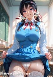 ai_generated belliora big_ass big_breast black_hair blue blush bondage breasts cloth_up collar eyes female female_on_underwear green_eyes innie_pussy kitashirakawa_tamako leash on_cloth panties panty_pull pubic_hair pussy rope school_uniform smile solo standing tamako_market tears tied_hair twintails