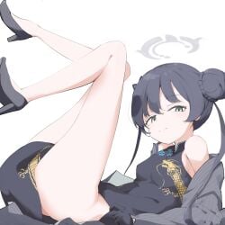 ass black_shoes blue_archive bottomless china_dress chinese_clothes double_bun dress grey_halo hair_bun halo highres kisaki_(blue_archive) leg_up looking_at_viewer nimomin no_panties shirt shoes striped_clothes striped_shirt white_background