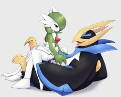 1boy absurdres animal_sexualization bad_furaffinity_id bad_id bob_cut closed_eyes colored_skin cowgirl_position cum cum_overflow dress empoleon female gardevoir green_hair green_skin grey_background highres horns interspecies midna01 multicolored_skin penis pokemon pokemon_(creature) pussy red_eyes sex simple_background smile two-tone_skin vaginal_penetration white_dress white_skin zoophilia