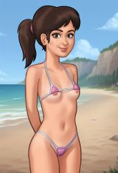 2d 2d_(artwork) ai_generated areolae bikini bikini_bottom bikini_top brown_hair brown_hair cameltoe civitai cleavage daeisi digital_drawing_(artwork) light-skinned_female light_skin looking_at_viewer mia_(summertime_saga) nipples petite petite_body pink_bikini pink_bra pink_panties ponytail pose posing pussy pussy_lips pussy_peek showing_off sling_bikini small_breasts smile smiling summertime_saga teenage_girl teenager vagina