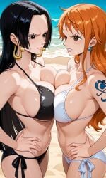 , ai_generated boa_hancock, breast_squish breasts breastspress, female nami staredown