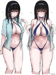 blue_shirt blush breasts cooling_off criss-cross_halter embarrassed female halter_bikini halterneck huge_breasts idolmaster idolmaster_cinderella_girls multiple_views o-ring o-ring_bikini off_shoulder open_shirt rufei_bot sagisawa_fumika shy signature sling_bikini undressing