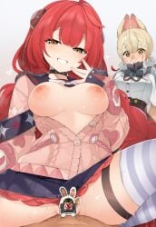 1boy 2girls absurdres alice_thymefield animal_ears blonde_hair blue_skirt blush breasts breasts_out censored character_censor commentary_request cowgirl_position eous_(zenless_zone_zero) heterochromia highres large_breasts long_hair multiple_girls nipples novelty_censor pink_sweater rabbit_ears rabbit_girl red_eyes red_hair sasakura sex shirt simple_background skirt smug straight striped_clothes striped_thighhighs sweater thigh_strap thighhighs ukinami_yuzuha very_long_hair white_background white_shirt yellow_eyes zenless_zone_zero