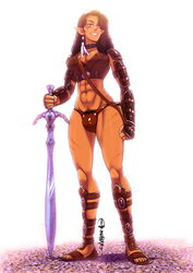 1futa abs adventurer anasheya boobs breasts brown_hair brunette brunette_futa bulge cleavage dickgirl elf elf_ears futanari gladiator_sandals medium_breasts muscles muscular muscular_futanari pointy_ears pubic_hair sandals solo solo_futa sword warrior weapon