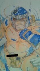 1boy 2boys anal bar_censor bara blush brown_eyes censored clenched_teeth erection gloves headband male_focus marker_(medium) multiple_boys muscle nipples nude orange_eyes pectorals penis sex simple_background solo sweat teeth testicles thighs torn_clothes traditional_media white_background white_hair yaoi