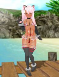 1girls 3d amber_eyes beach bikini blush cameltoe cat_ears cat_gloves chloe_von_einzbern choker collar condom condom_belt condom_skirt fake_animal_ears fate/grand_order fate/kaleid_liner_prisma_illya fate_(series) female female_only gloves impossible_clothes long_hair looking_at_viewer micro_bikini microkini midriff mono_sling negakura_imu nekomimi nipples outdoors pasties pink_hair ponytail seductive_look seductive_smile side_ponytail small_breasts smile solo swimsuit tan_skin tattoo thighhighs used_condom white_hair