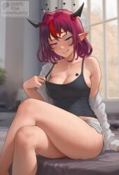 1girls 2d ai_generated ass back big_ass breasts female female_focus from_behind full_body hololive hololive_english hololive_english_-promise- horns irys irys_(hololive) long_hair looking_at_viewer medium_breasts pale_skin pale_skinned_female panties patreon_username queen_of_spades sam_the_snowbunny sports_bra tattoo