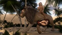 3d_(artwork) absurd_res anthro belly big_belly black_hair bondage bondage bound breasts digital_media_(artwork) felid female feral feral_pred fur gag group hair hi_res human human_prey internal lion male male_prey mammal nipples nude pantherine pwrof3d rope stomach_bulge submissive submissive_male tan_body tan_fur tape tape_gag trio vore