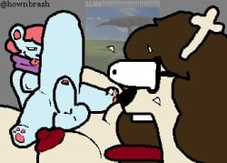 bear bell_(mellaroo64) blue_body blue_fur brown_hair bulging_eyes deer digital_media_(artwork) eyewear flat_colors foreskin fur genitals glasses glistening glistening_eyes gynomorph gynomorph/gynomorph hair hashi_bleu hown_brash hyper hyper_genitalia intersex intersex/intersex mammal meme nipples pale_fur pawpads penetration penis pixel_(artwork) plushie pukeko_(meme) red_hair red_nipples ridiculous_fit scarf shattered_glass shocked simple_background size_difference smug stomach_bulge surprised_expression teddy_bear teddy_bear_(species) tongue tongue_out watermark