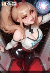 ai_generated ball bare_shoulders blonde_hair breasts cage car cleavage dollmaker dollmaker_(artist) female from_above ground_vehicle hair_between_eyes long_hair motor_vehicle patreon_logo patreon_username ponytail solo sportswear tagme tennis_racket watermark