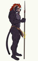 absurd_res anthro balls black_body black_fur bone bone_mask bottomwear clothed clothing erection erection_under_clothing felid feline fengluy foreskin fur genitals hair hi_res leopard loincloth loincloth_only male mammal markings mask melee_weapon muscular muscular_anthro muscular_male pantherine penis polearm red_hair skull skull_mask solo spear spots spotted_body spotted_fur topless uncircumcised weapon