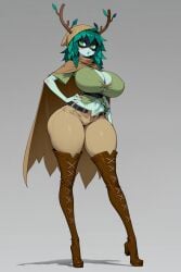 adventure_time ai_generated antlers belt boots breasts brown_footwear brown_pants cape cartoon_network cleavage cloak colored_skin curvy female full_body green_eyes green_hair grey_background hand_on_own_hip high_heel_boots high_heels horns huge_breasts huntress_wizard looking_at_viewer mask narrow_waist navel nibba pants shirt simple_background solo standing thick_thighs thigh_boots thighhighs thighs wide_hips