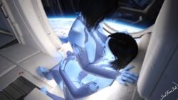 3d 3d_(artwork) big_ass big_breasts black_hair blue_body blue_skin breasts chair chair_position chair_sex cortana female futa_on_female futanari halo_(game) halo_(series) hand_on_ass imminent_sex intersex selfcest sitting sitting_on_lap suefantasy3dx