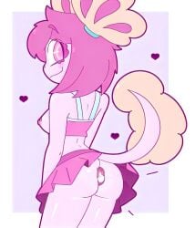 anthro anus ass axolotl back_view bra clothed cum_in_anus exposed_breasts female_only heart_symbol long_tail mandoy1o1 nipples pink_body pink_eyes pink_hair skirt vitzy_(vitzypie)