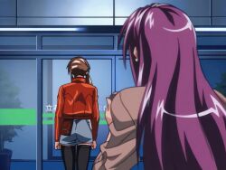 2004 2girls animated anime_screenshot ass bible_black bible_black_new_testament brown_hair female ichikawa_aki imari_kurumi leather_jacket long_hair miniskirt multiple_females multiple_girls purple_hair shin_bible_black side_ponytail skirt tagme thighhighs tokken_division walking walking_away zettai_ryouiki