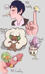 black_hair blush candy closed_eyes earrings english_text female flower food grey_background heart jewelry lips pokemon_(creature) simple_background spoon squiggle thought_bubble