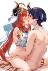 1boy 1boy1girl 1girls ai_generated clothed_female_nude_male kissing kissing_while_penetrated nilou_(genshin_impact) scaramouche_(genshin_impact) sitting_on_lap straight wanderer_(genshin_impact)