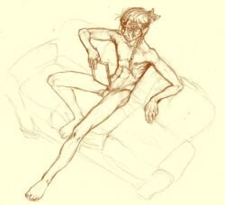 1boy abs barefoot blush book braid breasts eyepatch female full_body line_art long_hair lying male_focus monochrome muscle navel nipples nude penis pointy_ears reading sitting sketch solo