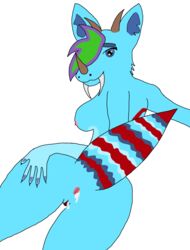 2020 anthro anus ass big_butt blue_body bodily_fluids breasts claws cum cum_in_ass cum_in_pussy cum_inside dragon_hybrid female genital_fluids glistening glistening_eyes green_hair hair hand_on_butt hi_res horn hybrid nude purple_hair raised_tail seductive smile solo spread_butt spreading striped_tail stripes thick_thighs tusks wagon