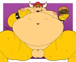 anthro balls belly big_belly bowser burger duly_noted food genitals hair hi_res horn koopa male male_only mario_bros moobs nintendo nipples obese obese_male overweight overweight_male red_eyes red_hair reptile scalie solo turtle weight_gain
