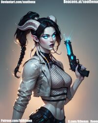 ai_generated athena cyberpunk_2077 demon demon_girl draenei draenei_female draenei_paladin goddess graenei gun reincarnation succubus tiefling weapon world_of_warcraft