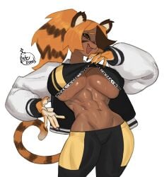 abs breasts dabomdidangdigi female hair_over_one_eye huge_breasts lifting_shirt oerba_yun_fang sweet_dynamite thick_thighs tiger_ears tiger_girl tiger_tail wide_hips