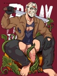 1boy 2boys balls barefoot black_gloves blonde_hair coat erection facial_hair full_body gloves jacket leaf male male_focus mask multiple_boys open_clothes open_jacket pectorals penis plant potted_plant red_background sitting solo solo_focus squatting sword testicles thighhighs thorns toeless_legwear torn_clothes torn_pants uncensored unzipped vines weapon