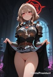 ai_generated armored_female bangs belt blush breasts cleft_of_venus closed_mouth clothes_pull dress_lift female female female_only hair_between_eyes hentaipresident indoors lifted_by_self long_sleeves looking_at_viewer medium_breasts medium_hair no_panties nopan original red_eyes short_hair shoulder_armor skirt_lift skirt_pull solo standing thigh_gap thighs uncensored vagina