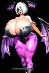 1girls 2b_(nier:automata) 3d animal_print artist_request ass bat_print big_ass big_breasts black_leotard blindfold breasts breasts_bigger_than_head cosplay darkstalkers female female_only gigantic_breasts head_wings huge_breasts huge_butt huge_thighs large_breasts leotard morrigan_aensland morrigan_aensland_(cosplay) nier nier:_automata nier_(series) white_hair wings yorha_2b