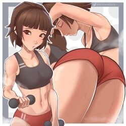 1girls absurdres ass atlus black_shirt border breasts brown_hair buruma cleavage closed_eyes crop_top dumbbell exercising female female_focus greencash highres makoto_niijima megami_tensei midriff multiple_views narrow_waist navel persona persona_5 red_buruma red_eyes shirt short_hair sidelocks small_breasts solo sportswear steam sweat toned toned_female twitter_username