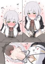 1boy 1girls 3koma :>= all_the_way_to_the_base balls big_penis big_penis_adoration blowjob blowjob_face blush clothed dark-skinned_male dark_skin deepthroat fellatio female female_focus fried_bocky gray_hair green_eyes heart hololive hololive_fantasy hololive_gen_3 hololive_japan huge_cock interracial kissing kissing_penis kissing_tip large_penis licking_balls licking_penis light-skinned_female light_skin male no_hat nun nun's_habit nun_outfit penis pov shirogane_noel size_queen spoken_heart sweat sweatdrop sweating tagme throat_bulge veiny_penis