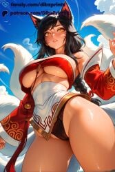 1girls ahri ahri_(league_of_legends) ai ai_assisted ai_generated animal_ear_fluff animal_ears anime artist_name bandeau bare_shoulders black_hair black_panties blue_sky blush braid breasts cameltoe cloud cowboy_shot day detached_sleeves dibzprintz facial_mark fansly female fingernails fox_ears fox_girl fox_tail from_below hi_res high_quality high_resolution highres korean_clothes large_breasts league_of_legends lips long_hair looking_at_viewer multiple_tails outdoors panties parted_lips patreon_logo patreon_username riot_games sky slit_pupils solo standing strapless sweat tail thighs underboob underwear wading water watermark web_address wet whisker_markings yellow_eyes