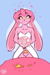 2025 anthro atticus_mura balls bouquet broken_key chastity_cage chastity_device clothed clothing crossdressing dress femboy feminization fur genitals heart_pupils hi_res lagomorph leporid male mammal phenyanyanya pink_body pink_fur rabbit solo wedding_dress