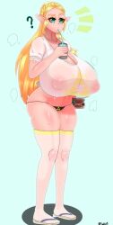 areolae bikini bikini_bottom black_panties blonde_hair blush braid breasts cleavage covered_nipples curvy elf female food full_body green_eyes hot huge_breasts large_areolae long_hair looking_at_viewer lowleg navel nipples no_bra panties plump pointy_ears princess_zelda sandals see-through shirt signature skindentation solo standing striped sweat swimsuit t-shirt thick_eyebrows thick_thighs thighhighs thighs toes underwear vertical_stripes very_long_hair wet wet_clothes wet_shirt wet_t-shirt white_shirt wide_hips