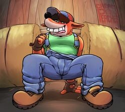 1boy activision anthro bandicoot baseball_cap blue_clothing brown_clothing brown_footwear brown_gloves brown_shoes bulge clothed clothing crash_(series) creamin_peaches crouching erection erection_under_clothing eyebrows fake_crash fingerless_gloves footwear fur genital_outline gloves green_clothing green_eyes green_shirt green_topwear handwear hat hay hay_bale headgear headwear hi_res male male_only mammal marsupial orange_body orange_fur overalls penis_outline pink_tongue shirt shoes solo teeth tongue tongue_out topwear video_games