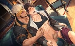 2boys abs age_difference armband asahi_(norn's_dine) balls bara beard beefy big_areola blush bottomless boxers brown_hair censored censored_balls censored_penis closed_eyes clothes_lift collarbone curved_horn daddy dark_skin dilf duo dust_particles dutch_angle ear_licking erect_nipples erection european gay glowing_eyes grant_(norn's_dine) green_eyes headband heterochromia hi_res horn hunk indoors jacket lace-up licking licking_ear light_skin looking_at_another male male/male male_only manly mature_male moaning mosaic_censoring muscles muscular muscular_arms muscular_legs muscular_male muscular_thighs night nipple_play norn's_dine nullqllun open_clothes panting pantsless pecs penis perfume pinching_nipples pubic_hair purple_eyes quadriceps shadow short_hair sideburns sitting sitting_on_sofa six_pack size_difference sofa steam steamy_breath sweat sweatdrop tanktop underwear_around_one_leg underwear_down veiny_hands white_hair wooden_floor yaoi