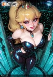 ai_generated armlet bare_shoulders black_nails blonde_hair blue_eyes bowsette bracelet breasts brooch cleavage collar crown dollmaker dollmaker_(artist) dress earrings female from_above gem hair_between_eyes high_heels horns jewelry large_breasts long_hair looking_up nail_polish overalls patreon_username ponytail sharp_fingernails shiny shiny_clothes smile solo spiked_armlet spiked_bracelet spiked_collar spikes strapless super_crown tagme tail turtle_shell watermark web_address