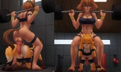 2024 animal_genitalia animal_penis anthro anus athletic_wear balls big_balls big_penis blue_eyes bodily_fluids boxing_gloves breasts brown_hair canid canine canine_genitalia canine_penis claws clothed clothing detailed_background duo erection fox genital_fluids genitals gym gynomorph gynomorph/gynomorph hair handwear hi_res imminent_sex intersex intersex/intersex japanese_kobold knot mammal monster_girl_(genre) monster_musume muscular muscular_gynomorph muscular_intersex orange_eyes orange_hair penis polt_(monster_musume) precum red_penis senko-san seraziel squats sweat tail weights wristband