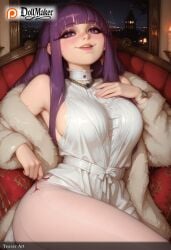 ai_generated bangs bare_shoulders blunt_bangs blush bracelet breasts car_interior dollmaker dollmaker_(artist) earrings female fur-trimmed_coat fur_coat fur_collar fur_trim hat jewelry large_breasts long_hair looking_at_viewer night night_sky patreon_logo patreon_username purple_eyes purple_hair sitting smile solo star_(sky) starry_sky tagme watermark web_address window
