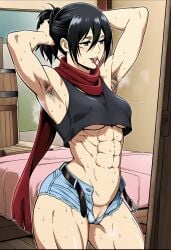 1girls abs ai_generated areola_slip armpit_hair armpits attack_on_titan black_hair eyebrows eyeshadow female hair mikasa_ackerman muscles muscular muscular_female muscular_thighs pussy scarf shingeki_no_kyojin solo sweat sweaty thick_thighs tying_hair