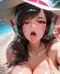 1girls ai_generated artist69 ass beach big_ass big_breasts blush breasts brown_hair brunette_hair d.va facepaint female female_only hat huge_ass huge_breasts light-skinned_female lipstick long_hair overwatch overwatch_2 patreon_username ponytail solo thick_thighs tongue tongue_out wide_hips