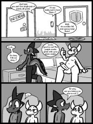 2025 2_horns 4_fingers anthro balls barefoot big_balls big_penis blush bottomwear casual_nudity clothed clothing comic cute_fangs demon dialogue door dragon duo emerald_(ultilix) english_text erection european_mythology eyebrows fangs feet fingers genitals gesture greyscale grin hand_gesture horn inside male monochrome mythological_creature mythological_scalie mythology nervous nude pants penis raised_eyebrow scales scalie sharp_teeth sitting slightly_chubby slightly_chubby_anthro slightly_chubby_male smile smirk speech_bubble standing teeth text thumbs_up to-be-named-later topless ultilix western_dragon