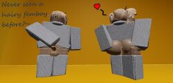 1boy 1femboy 3d 3d_(artwork) anus belly blonde_hair erect_penis erection erection_under_clothes femboy hair hairy hairy_anus hairy_balls hairy_legs hovkasqka lifting_clothing looking_at_viewer male original_character penis pose posing pubic_hair roblox roblox_studio robloxian showing_off simple_background small_ass small_balls small_penis solo stockings sweater thick_thighs wink