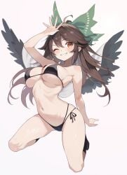 arm_at_side bikini blush hand_on_head highleg_bikini kneeling large_breasts legs_apart one_eye_closed posing reiuji_utsuho smile socks touhou utsuho_reiuji