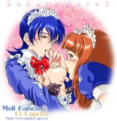 2girls blue_hair blush bow bowtie bra braid breast_grab breast_sucking breasts breasts_outside cover glasses grabbing large_breasts licking long_hair maid maid_headdress medium_breasts multiple_girls nipples one_eye_closed open_clothes open_shirt saliva saliva_trail short_hair tongue underwear yuri