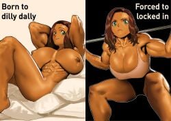 1girls abs areolae blue_eyes blush boobs boobs_out breasts breasts_apart breasts_out brown_body brown_hair brown_nipples brown_skin cessa clothed clothed_female dark-skinned_female dark_skin english english_text exercise exercising female hands_behind_head huge_breasts large_breasts looking_at_viewer medium_hair meme muscular muscular_female naked naked_female nipples nude nude_female original original_character pillow pillows six_pack smile smiling smiling_at_viewer solo solo_female solo_focus squatting sweat sweating