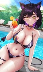 ai_generated big_breasts bikini breasts cat_ears chocker female gyaru meme2112 nipple_slip piercing pool rainhoe twitch vtuber
