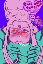1girls ahegao_face ass blush burgess butt_crack cait_umbra cheek_bulge choking_on_cock cum cum_in_mouth cum_out_nose cumshot deepthroat dialogue_bubble eyes_rolling_back frown funny gagging glasses glasses_off hair_pull looking_at_viewer naked naked_female oral to_the_base tremble_lines trembling twitching